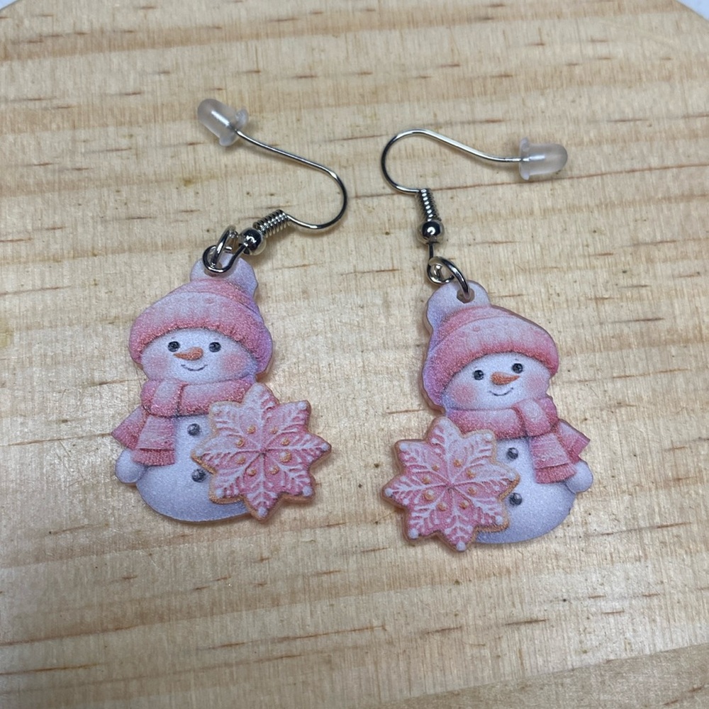 Cute Pink Snowman Dangle Drop Christmas Earrings Festive Holiday Merry 1in